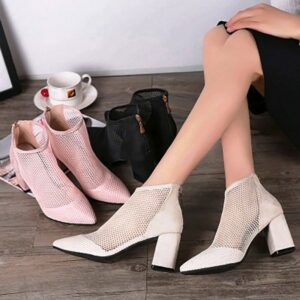 Woman Square High Heels Mesh Ladies Pointed Toe Shoes