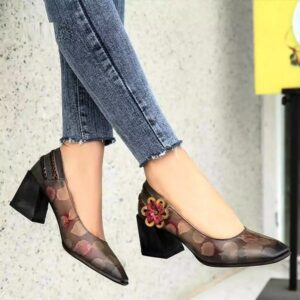 Handmade Genuine Leather Retro Square Toe Heels For Women