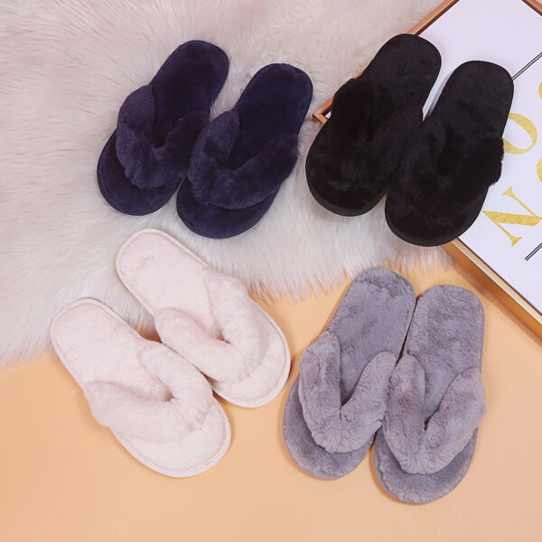 Black Winter Soft Cozy Fashion Faux Fur Flip Flop Slippers for Women